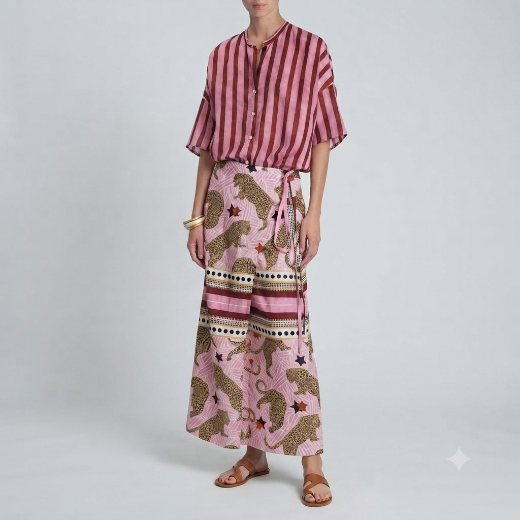 Completo Camicia Strisce Rosa Bordeaux Con pareo  - Vicolo